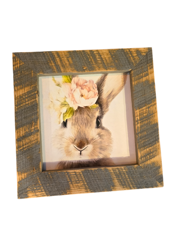 Bunny with Peonies Picture Natural Frame Small