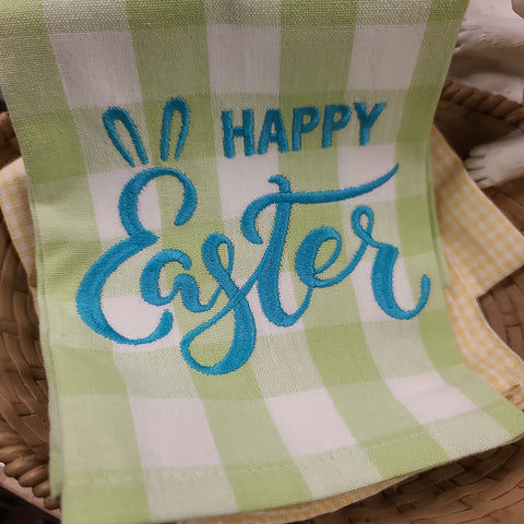 Happy Easter w/ Ears-Green Plaid Kitchen Towel